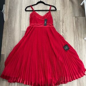 Lulus Red lace dotted pleated midi dress